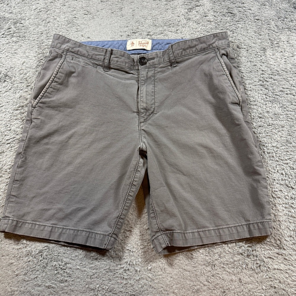 Original Penguin Mens Gray Micro Corduroy Shorts Size 34 Stretch Flat Front 9"